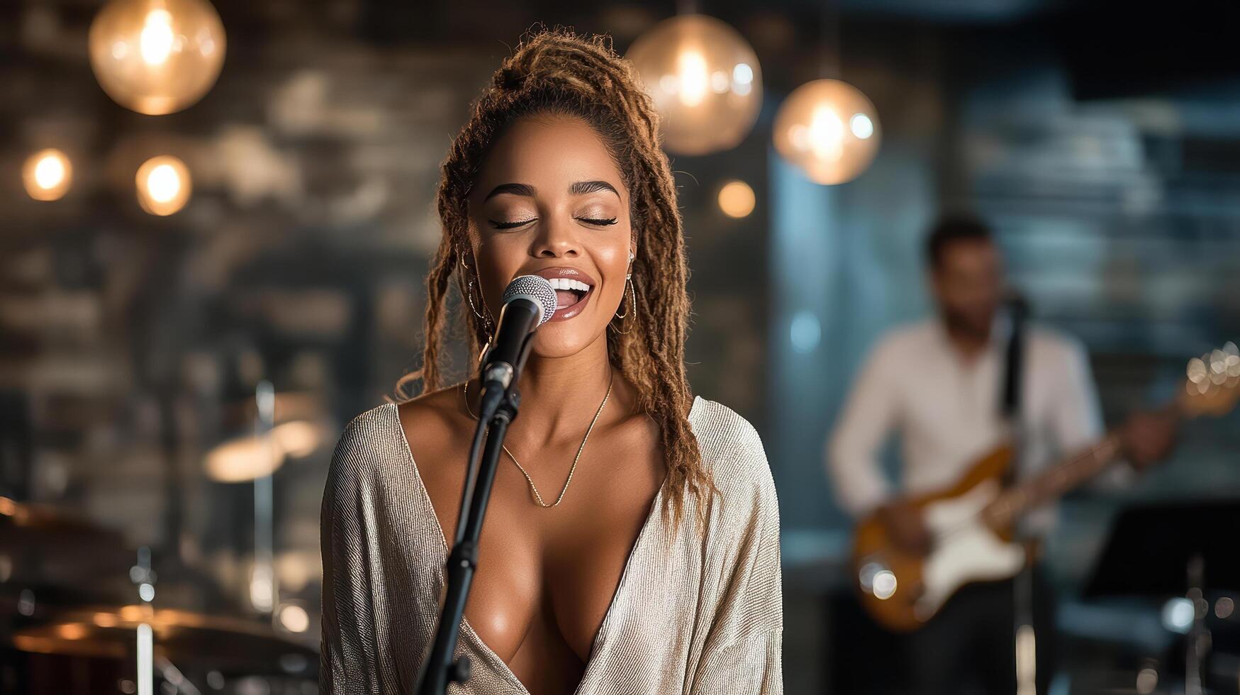 A woman singing into a microphone while a band plays photo