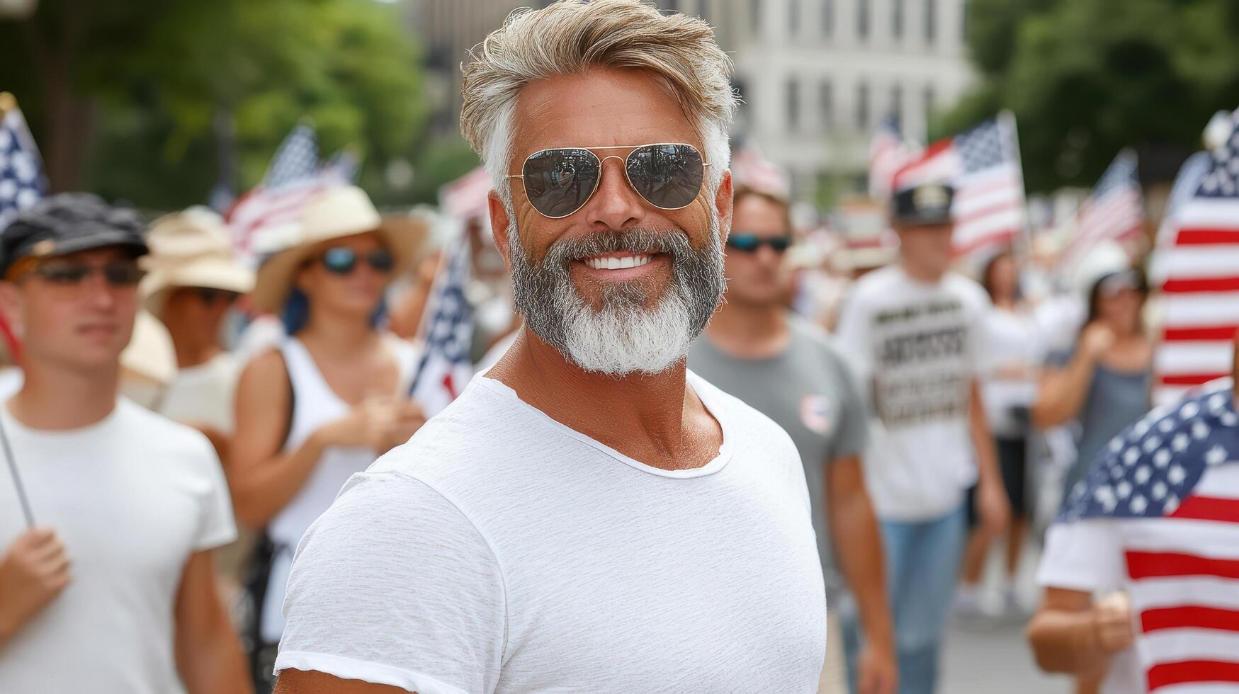 A man with a beard and sunglasses is standing in a crowd photo