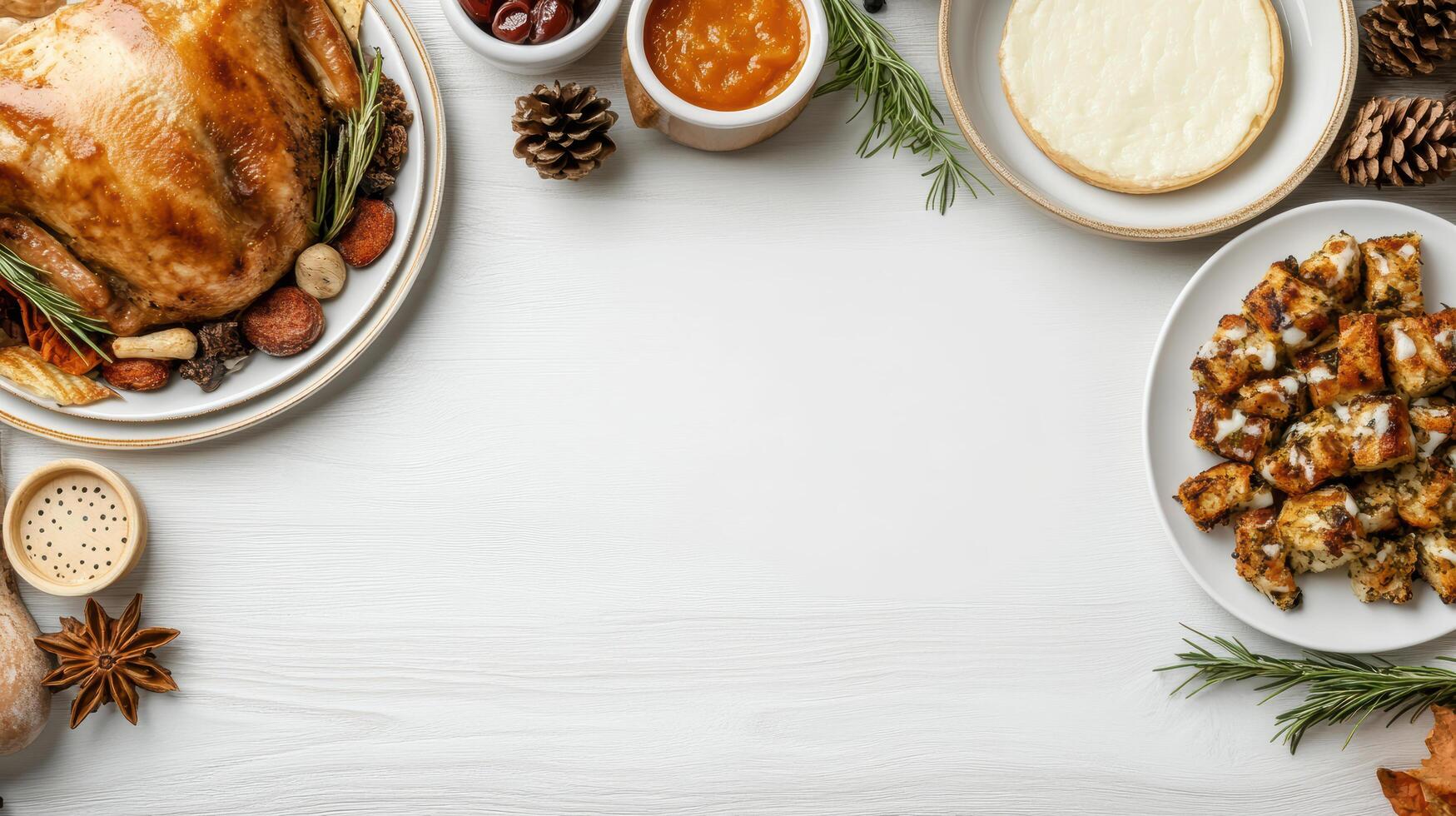 Thanksgiving dinner with turkey, stuffing, and other food photo