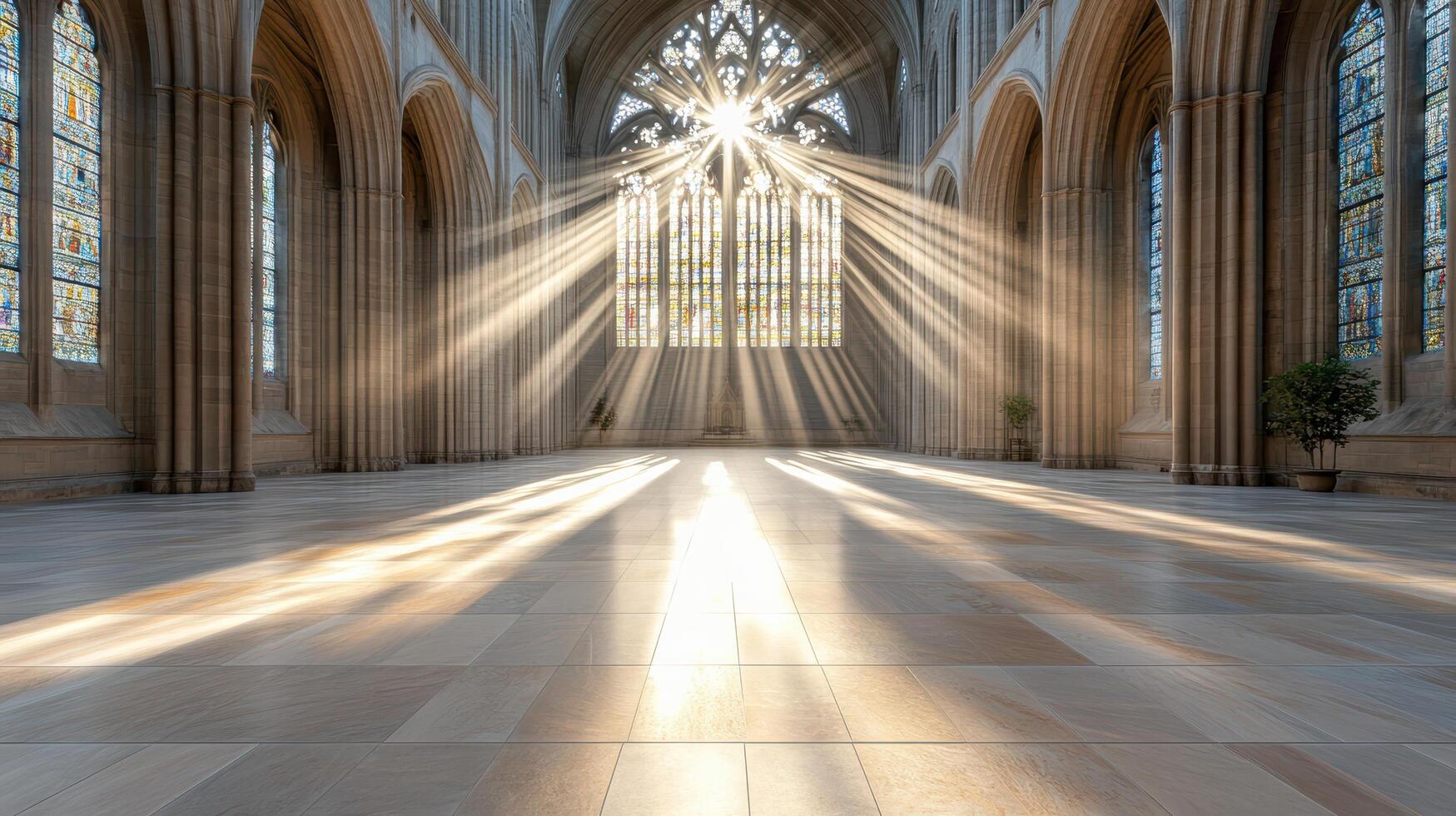 A large cathedral with sunbeams shining through the windows photo