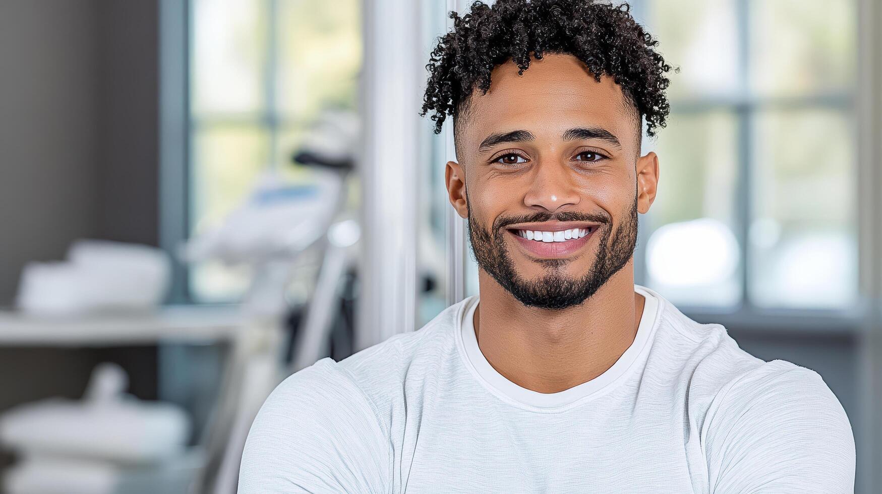 A man smiles while sitting in a gym photo