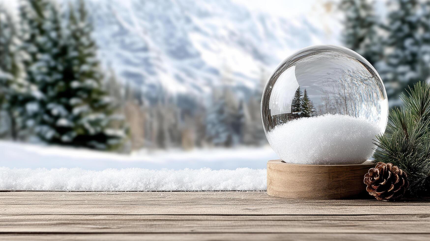 A snow globe on a wooden table with pine cones photo
