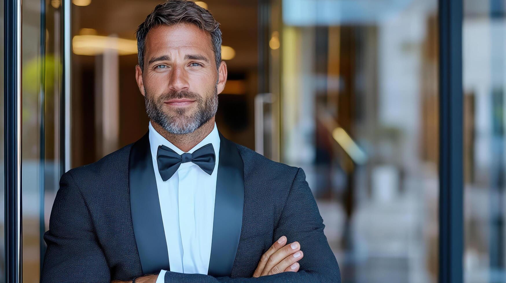 A man in a tuxedo standing in front of a glass door photo