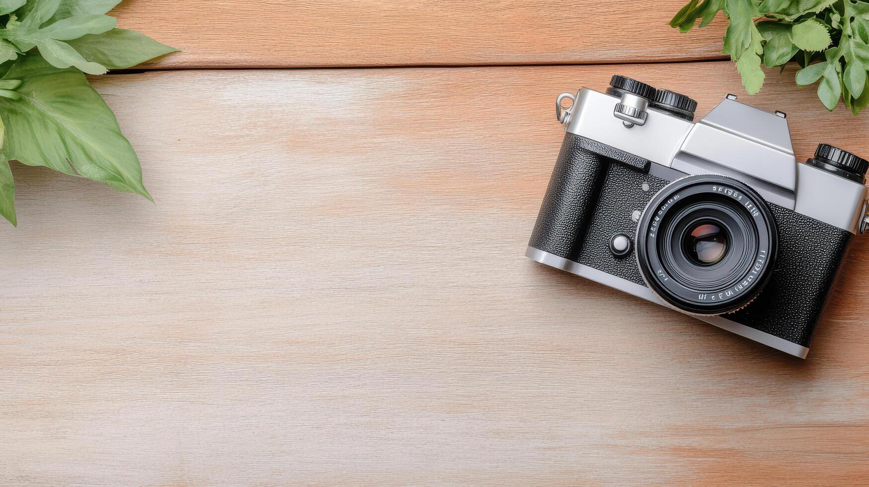 A camera and some leaves on a wooden table photo