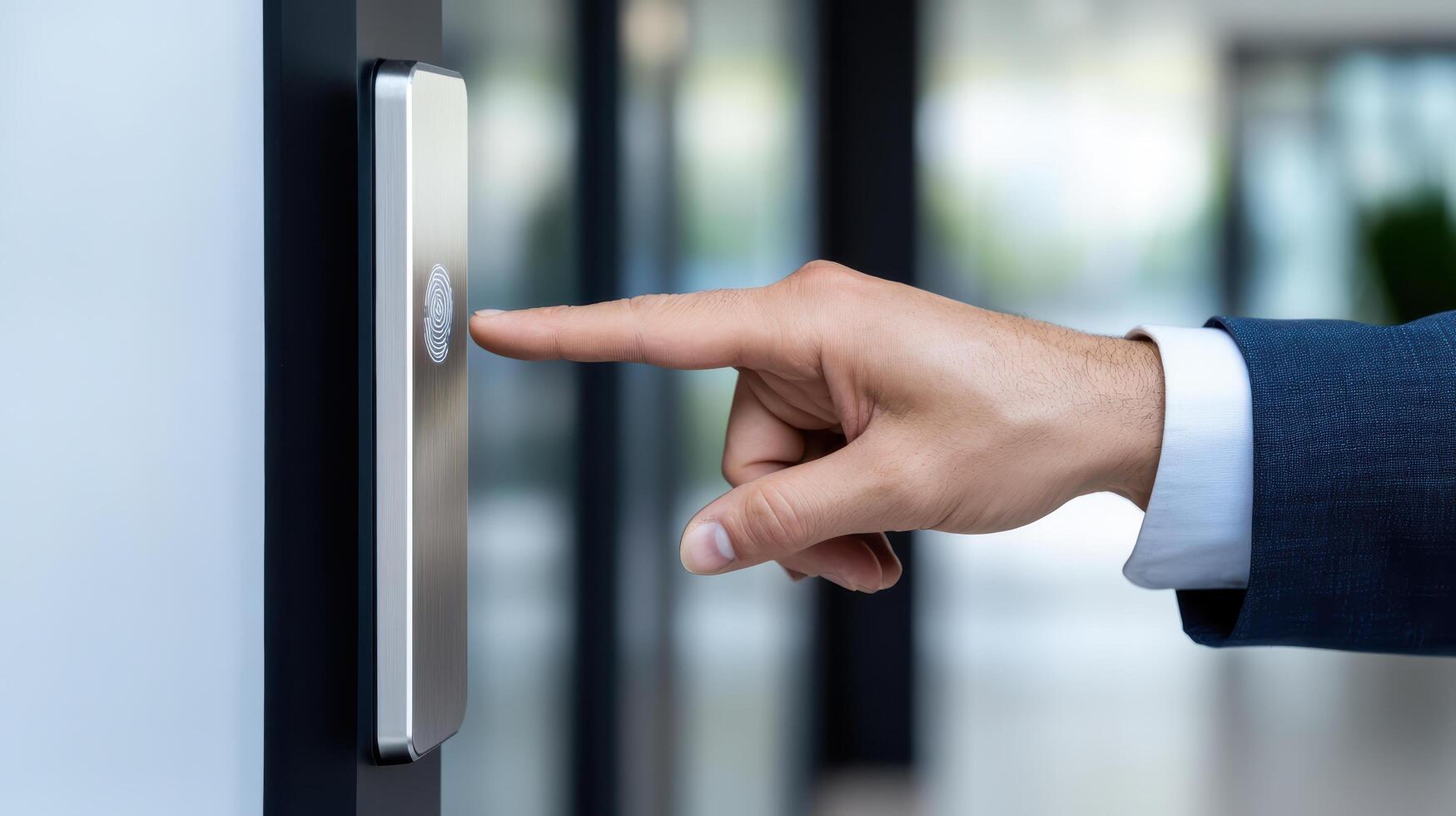 A person in a suit is pressing a button on a door photo