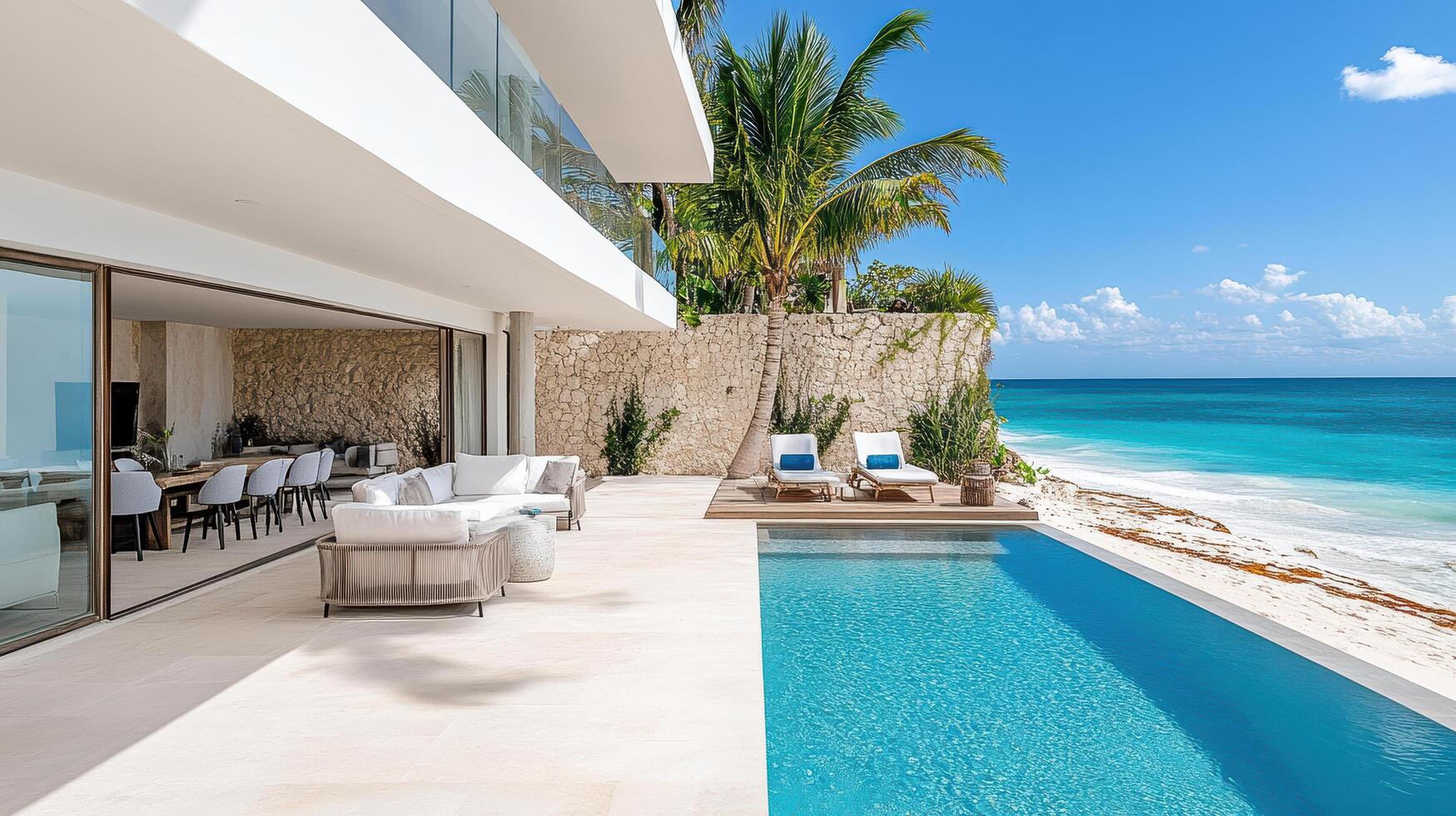 A large pool and patio area overlooking the ocean photo