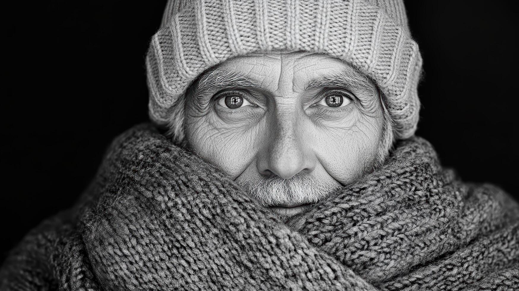 An old man wrapped in a blanket photo