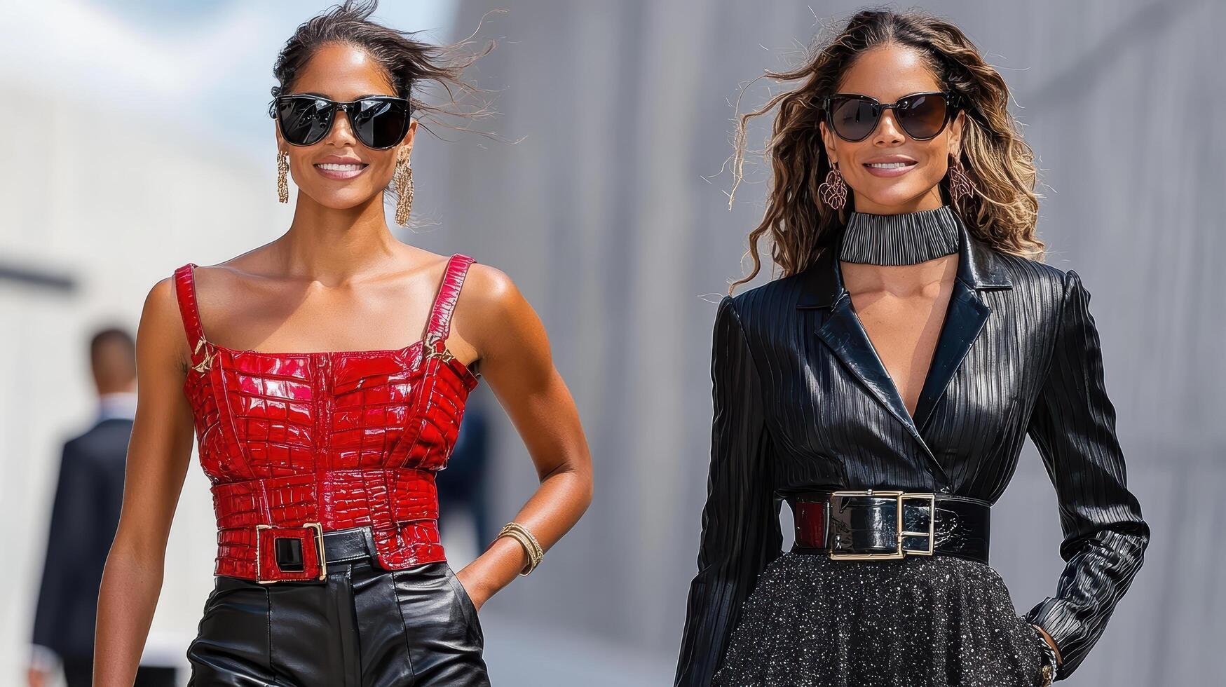 Two women wearing leather pants and sunglasses photo