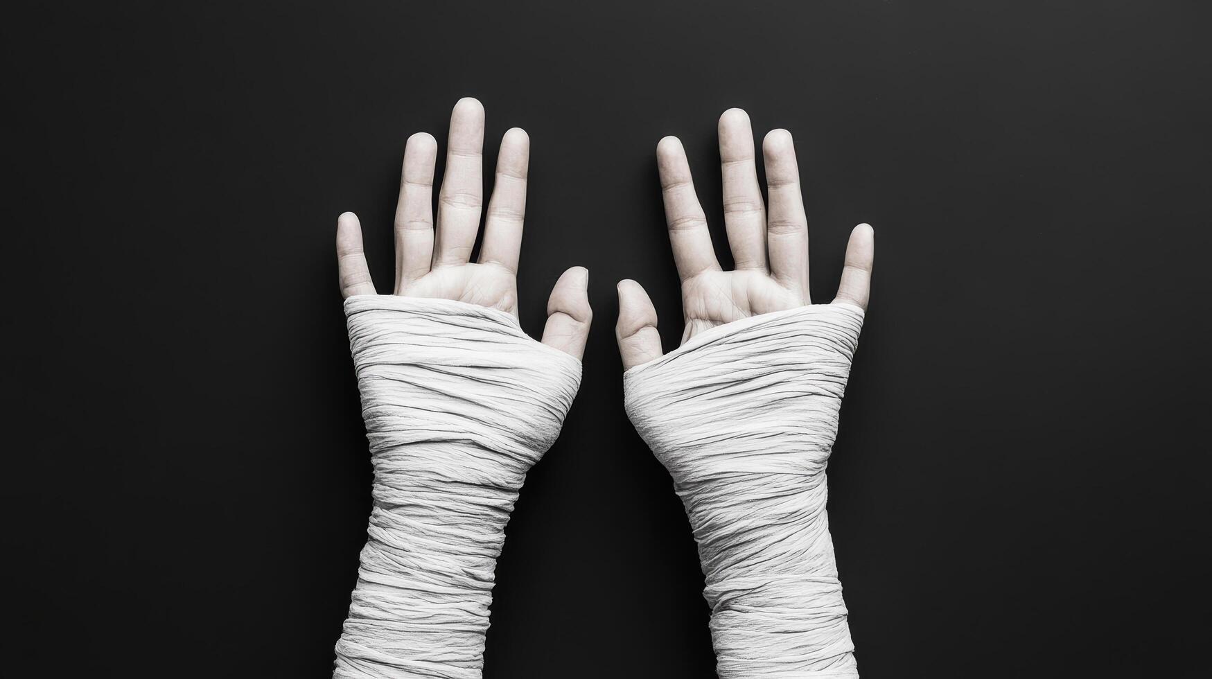 Two hands wrapped in white bandages on a black background photo