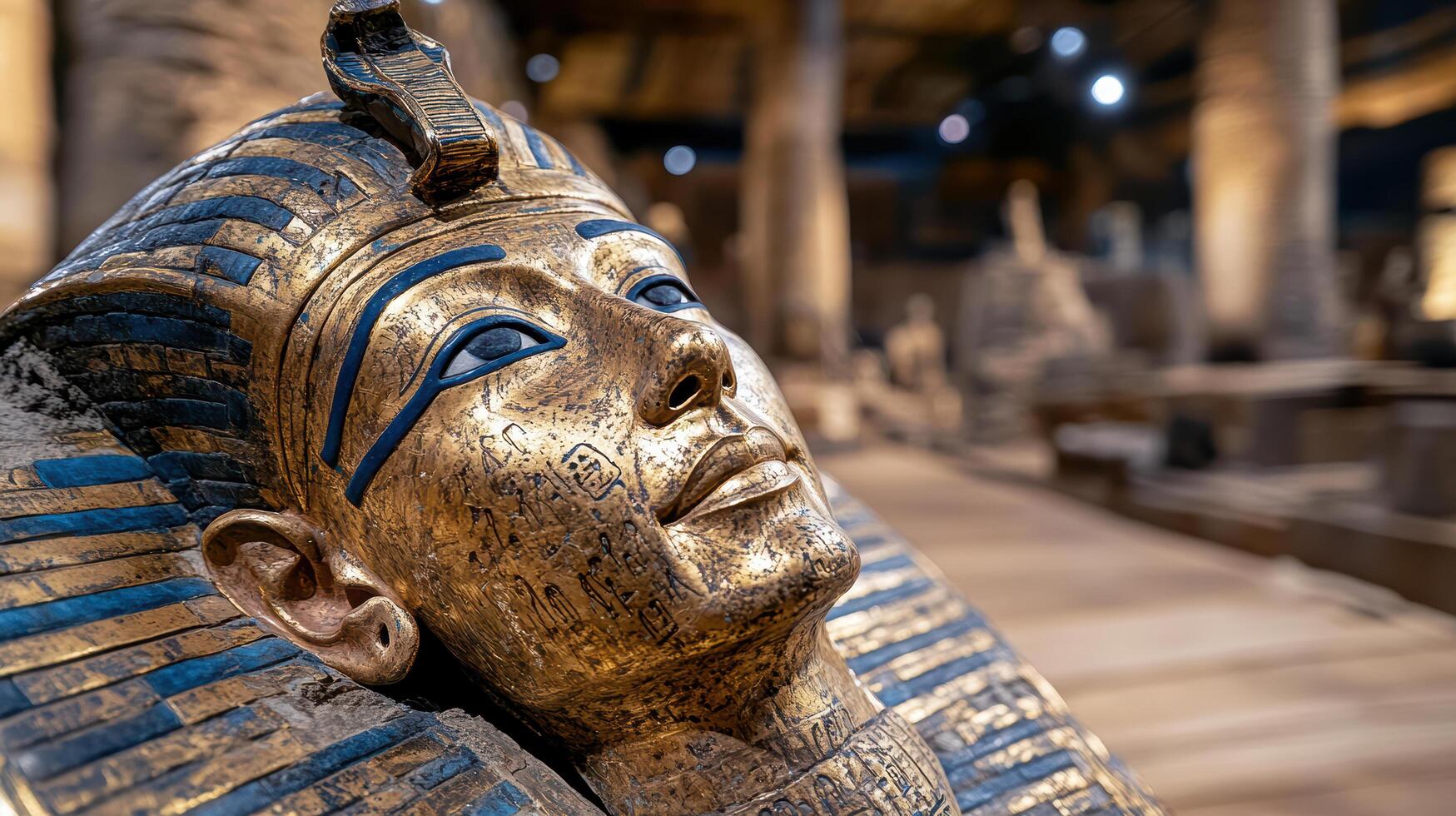 The golden head of an egyptian pharaoh is on display photo