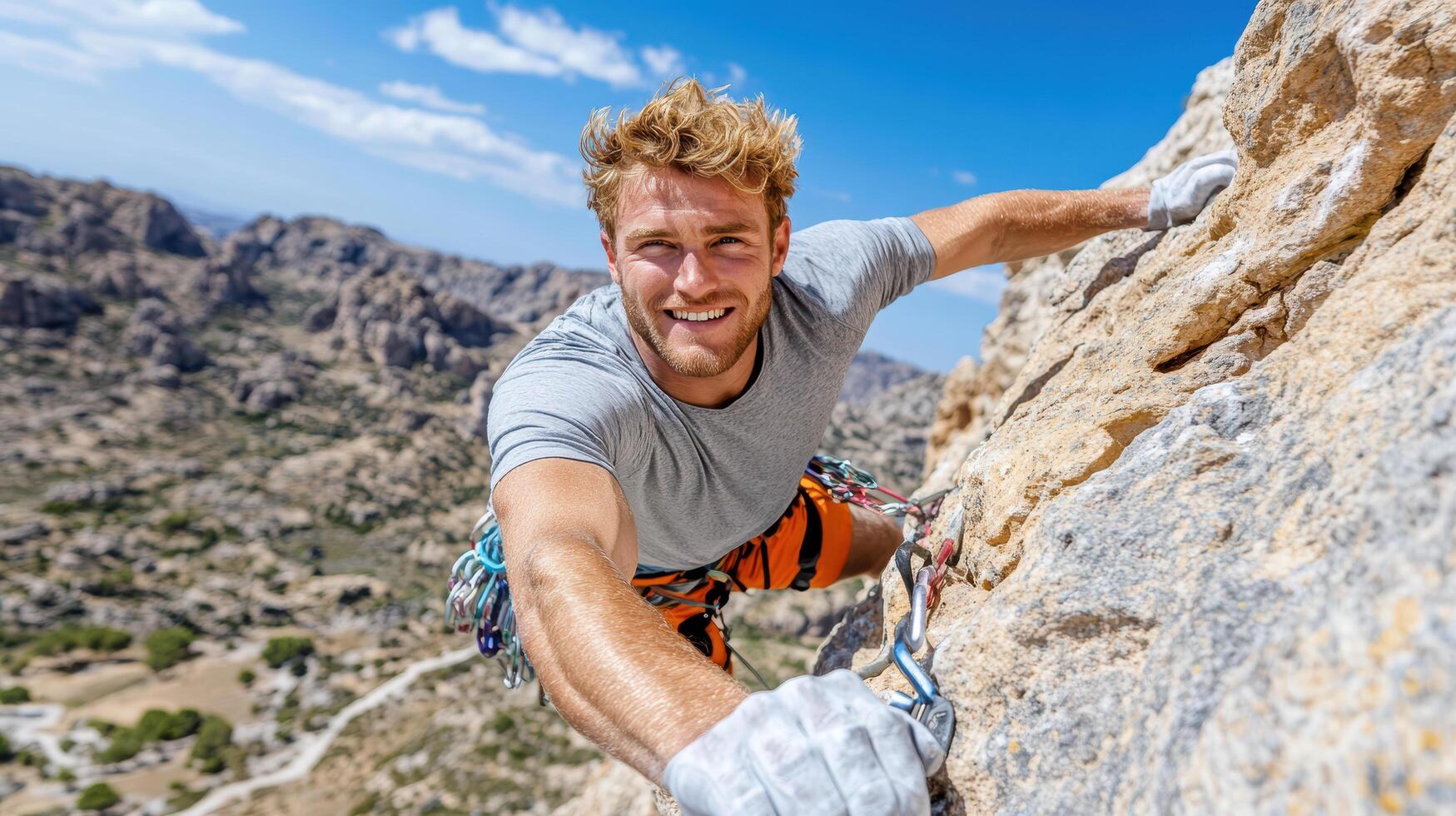 A man is climbing a mountain with his hands on the rope photo
