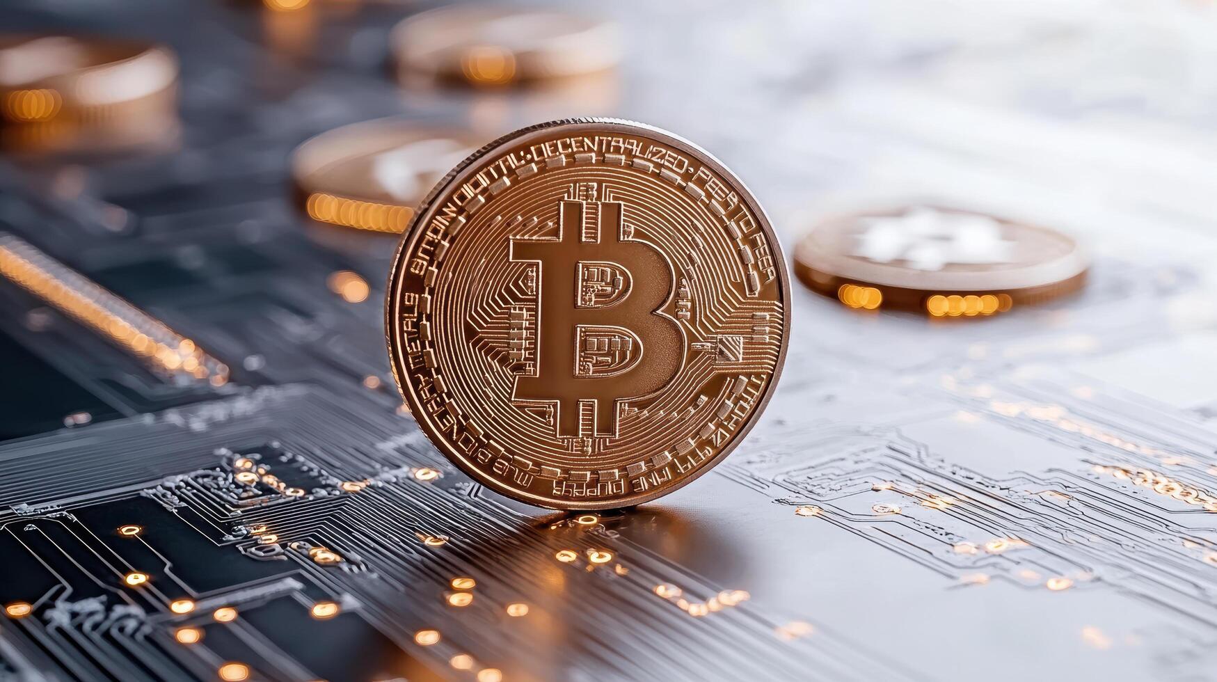 Bitcoin on a circuit board with lights photo