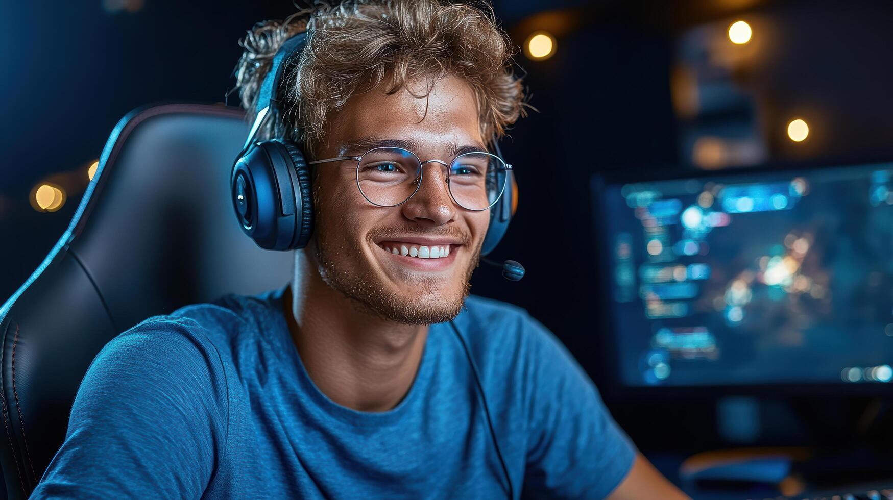 A man wearing headphones and a headset is smiling photo