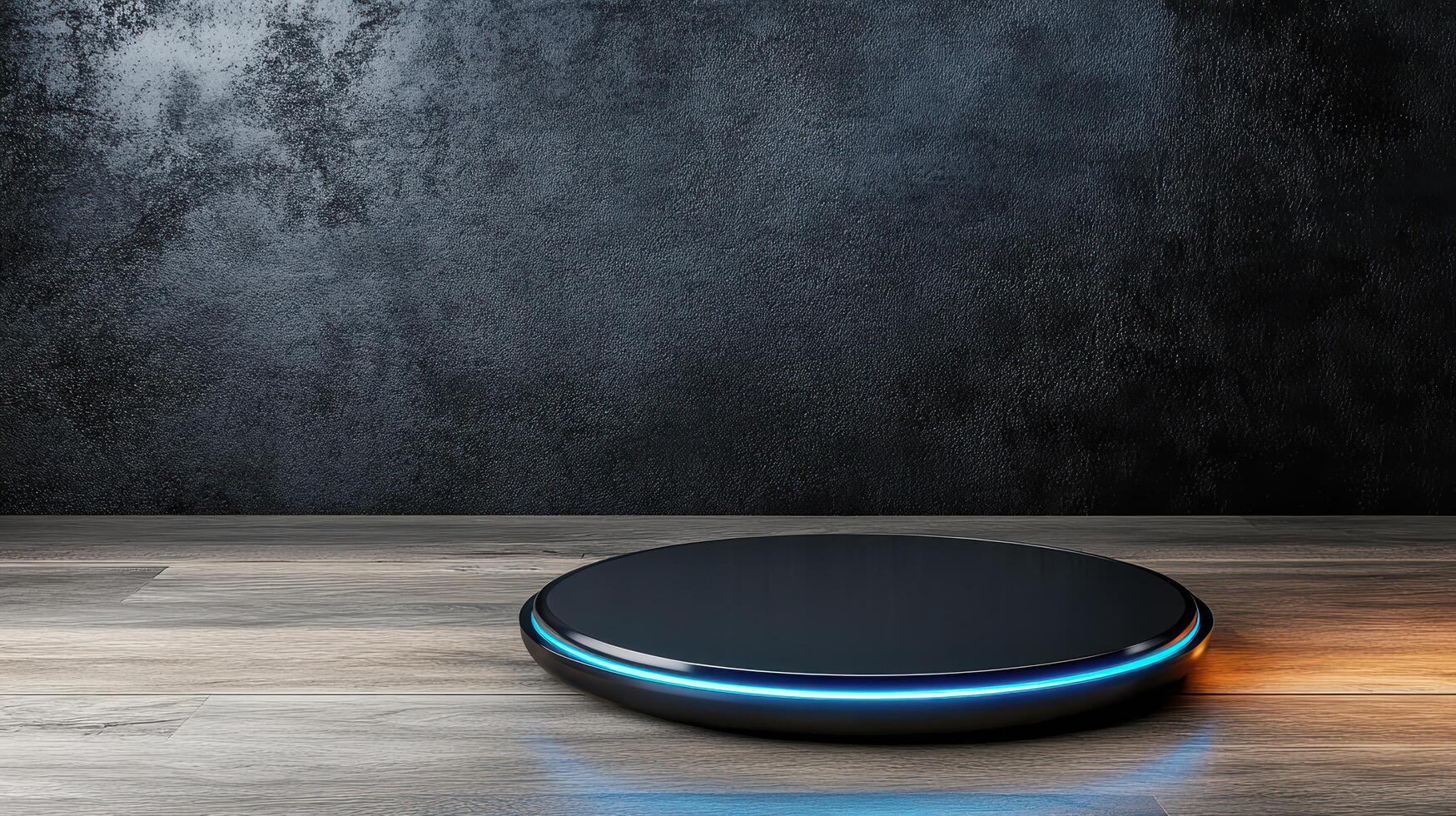 A black and blue smart speaker on a wooden table photo