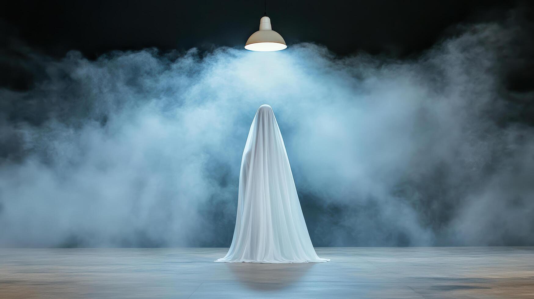 A white sheet is standing in front of a light photo