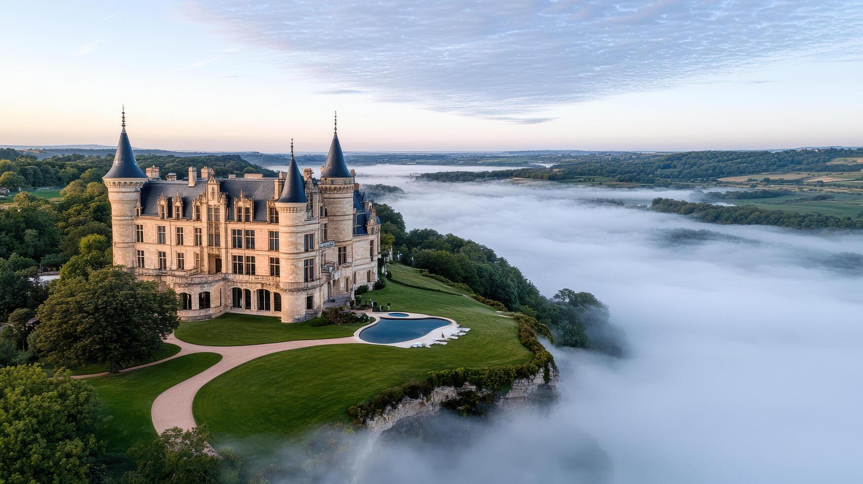 A castle sits on top of a hill surrounded by fog photo