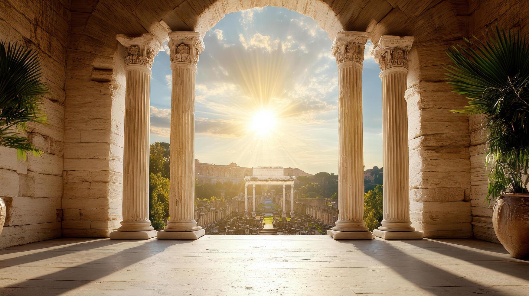 An archway with columns and a sun shining through photo