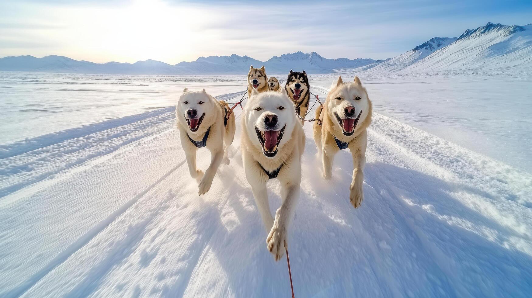 Four dogs are pulling a sled through the snow photo