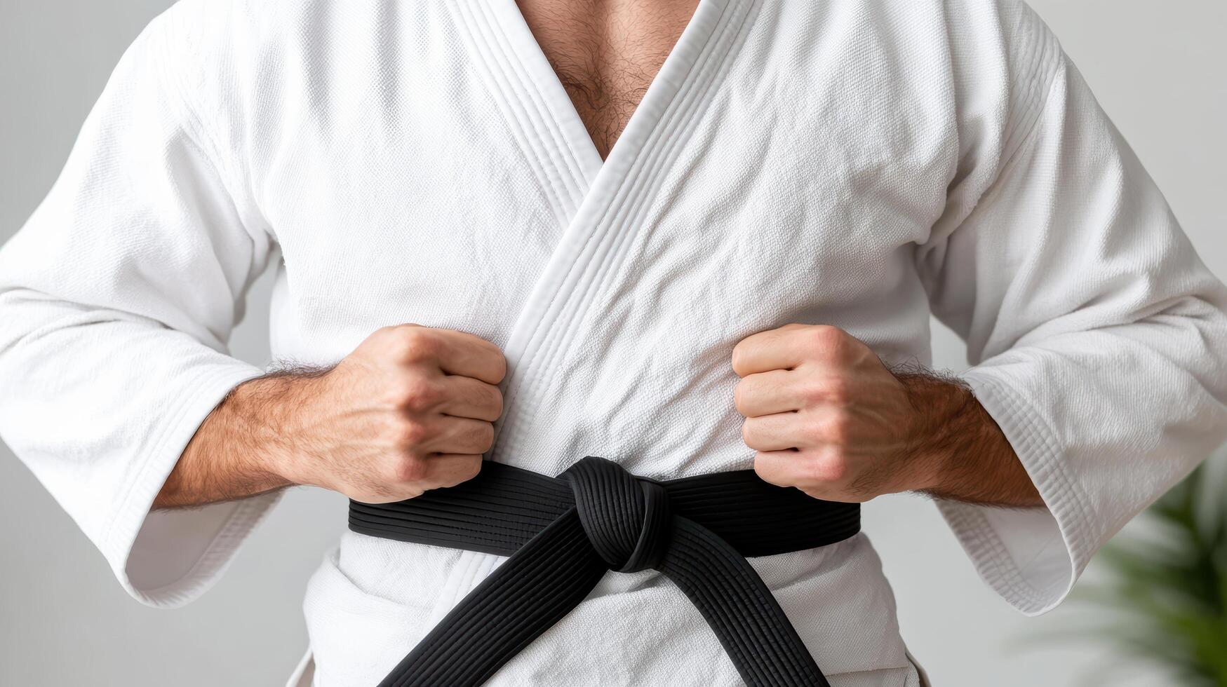 A man in karate gear is holding a black belt photo