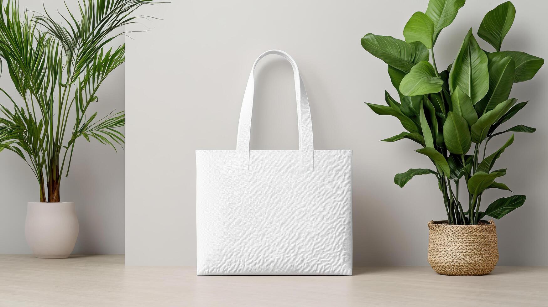 White tote bag mockup on a wooden table photo