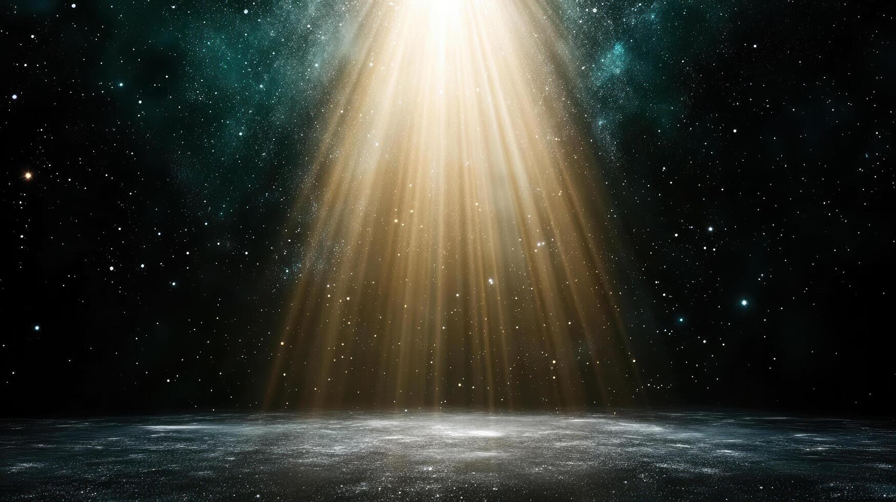 A bright light shining from the sky over a dark space photo