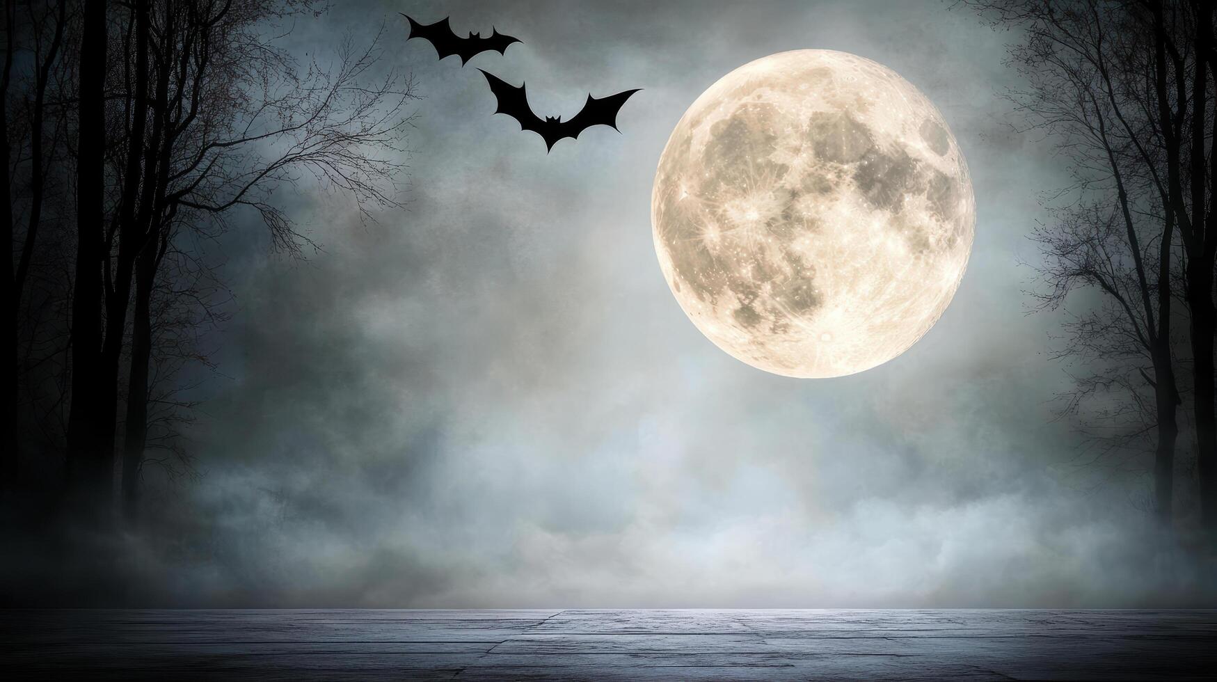 A full moon and bats flying over a dark forest photo