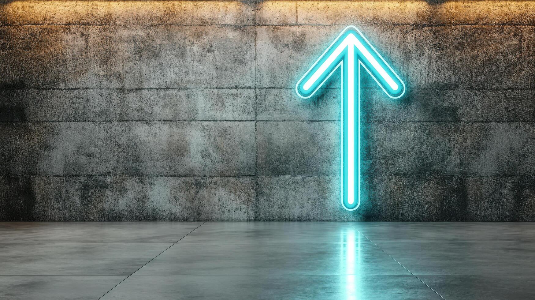 A neon arrow pointing up in a room photo
