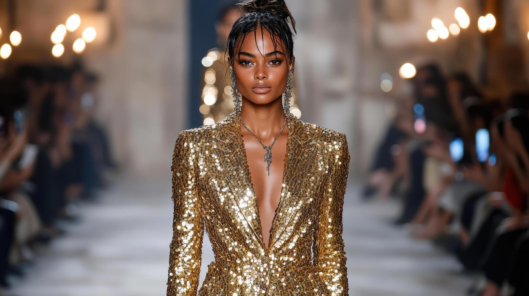 A model walks the runway in a gold sequinned suit photo