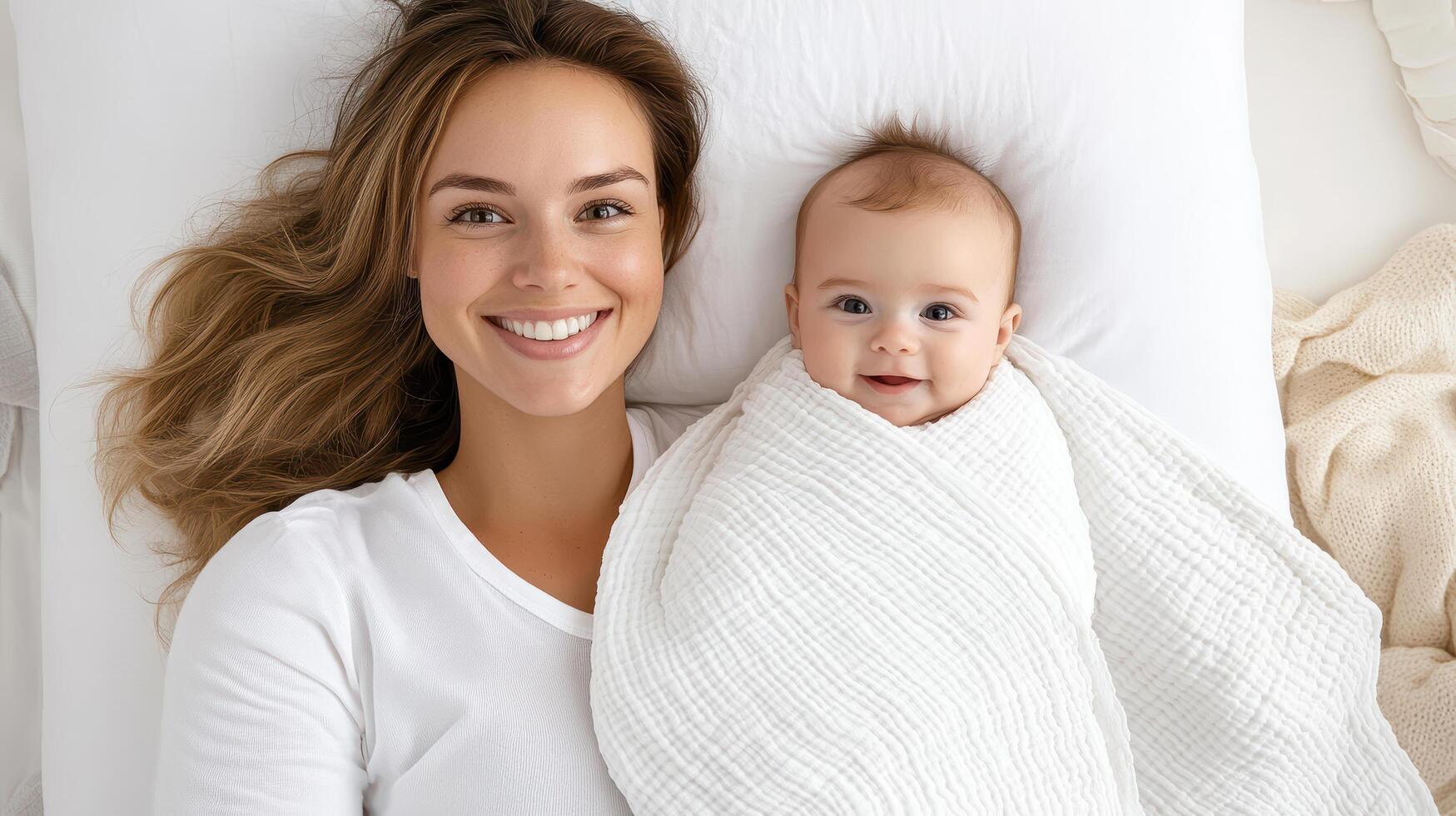 A woman smiles while holding her baby photo
