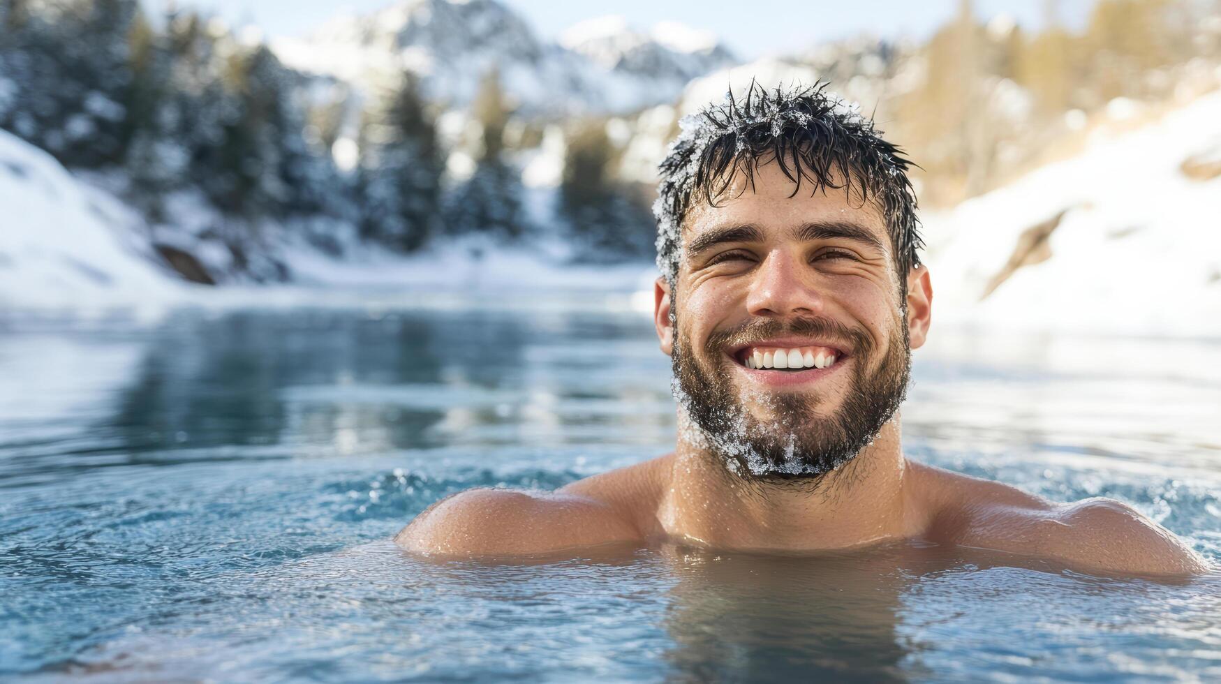 A man smiling in the water with snow covered mountains in the background photo