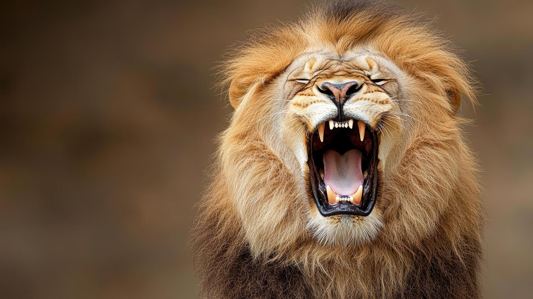 A lion roaring with its mouth open photo