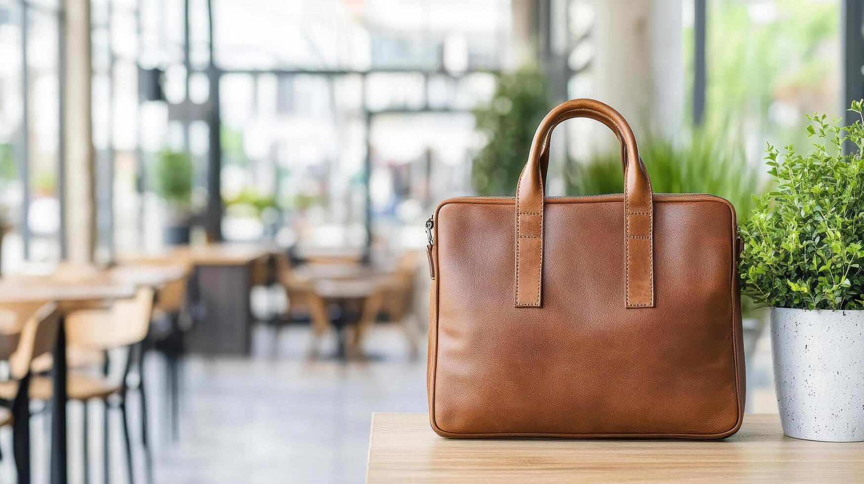 A brown leather briefcase sits on a table in a cafe photo