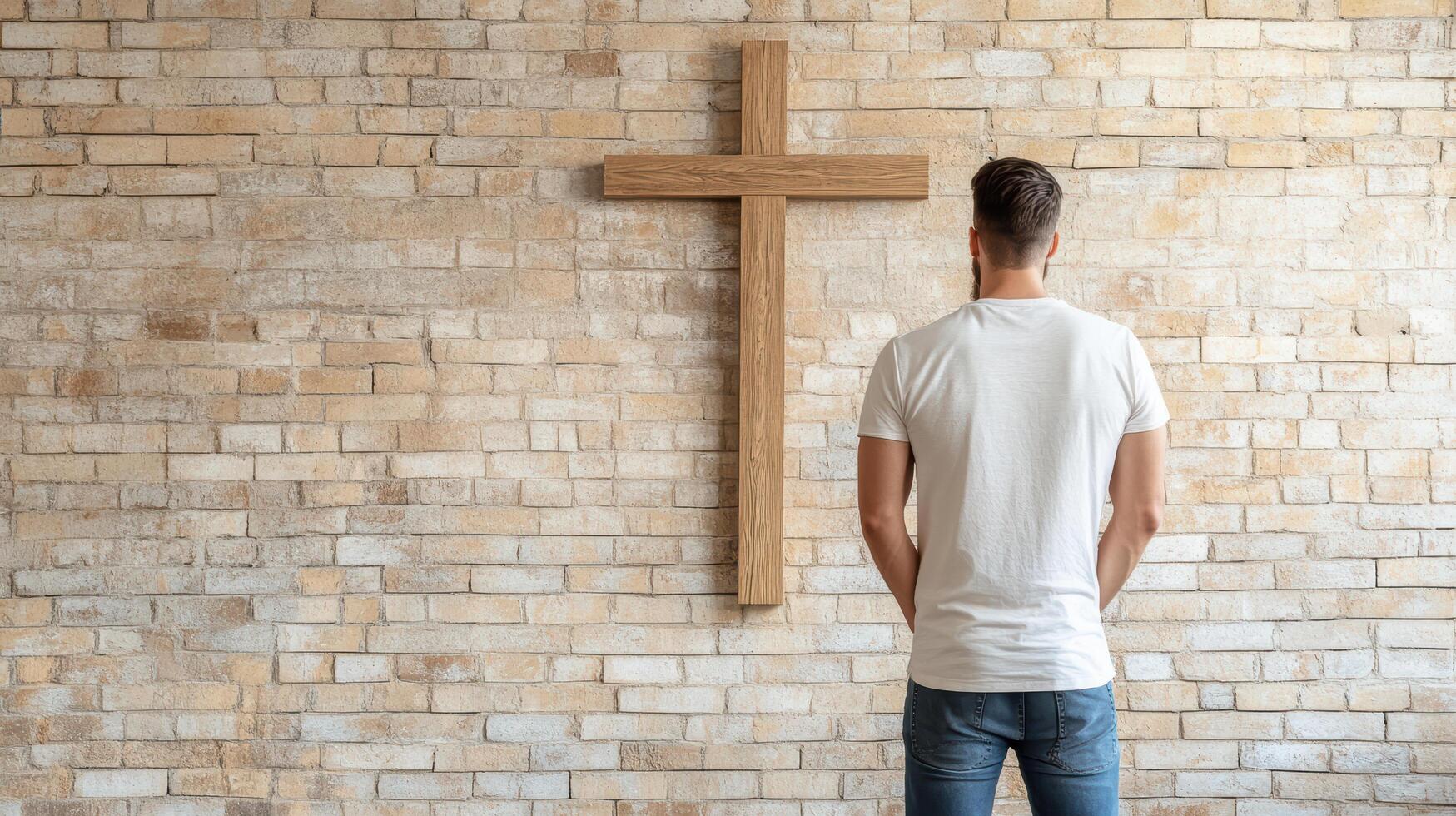 A man standing in front of a cross photo