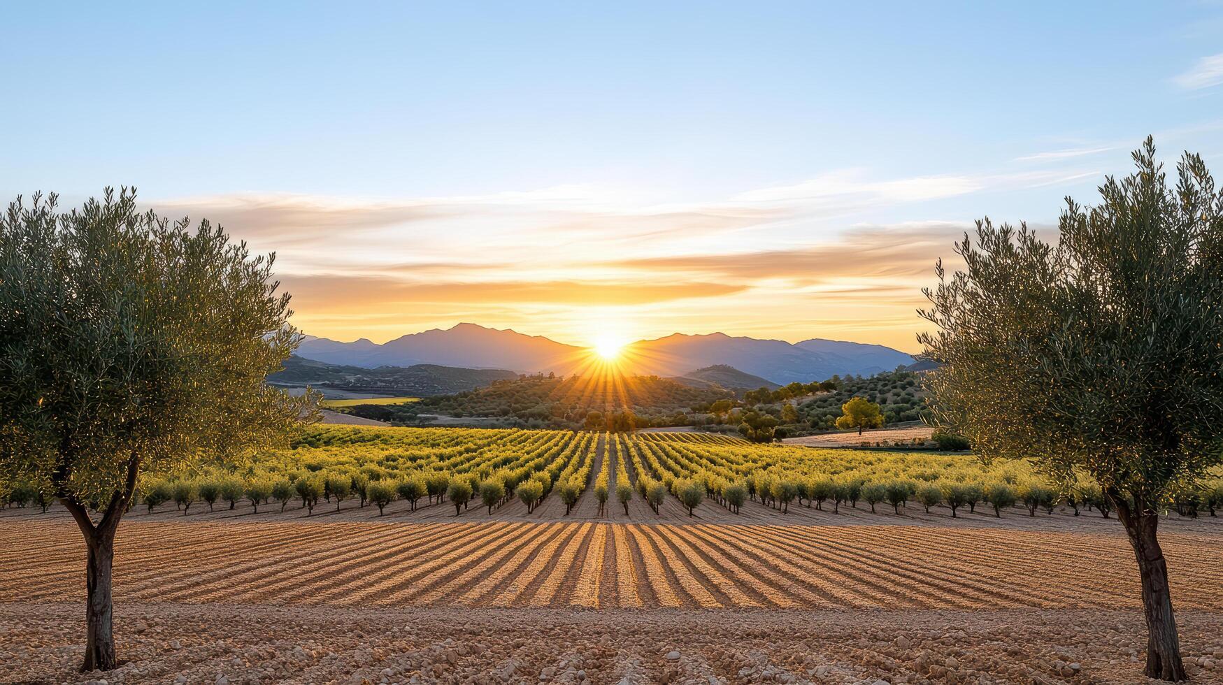 A vineyard field with trees and a sunset photo