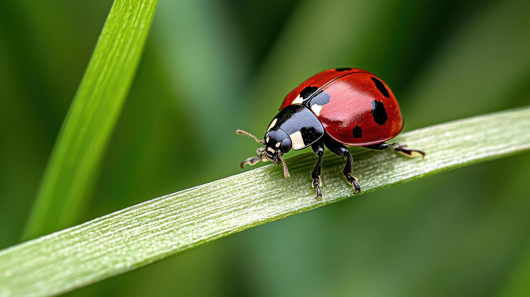 A ladybug is sitting on a green blade of grass photo
