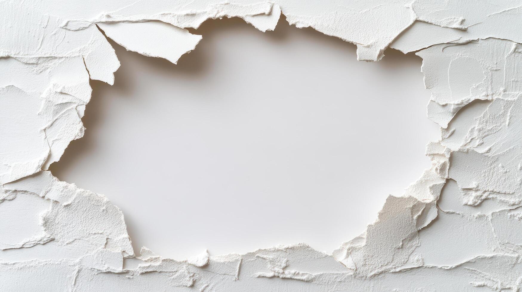 A hole in a white wall with a piece of paper photo