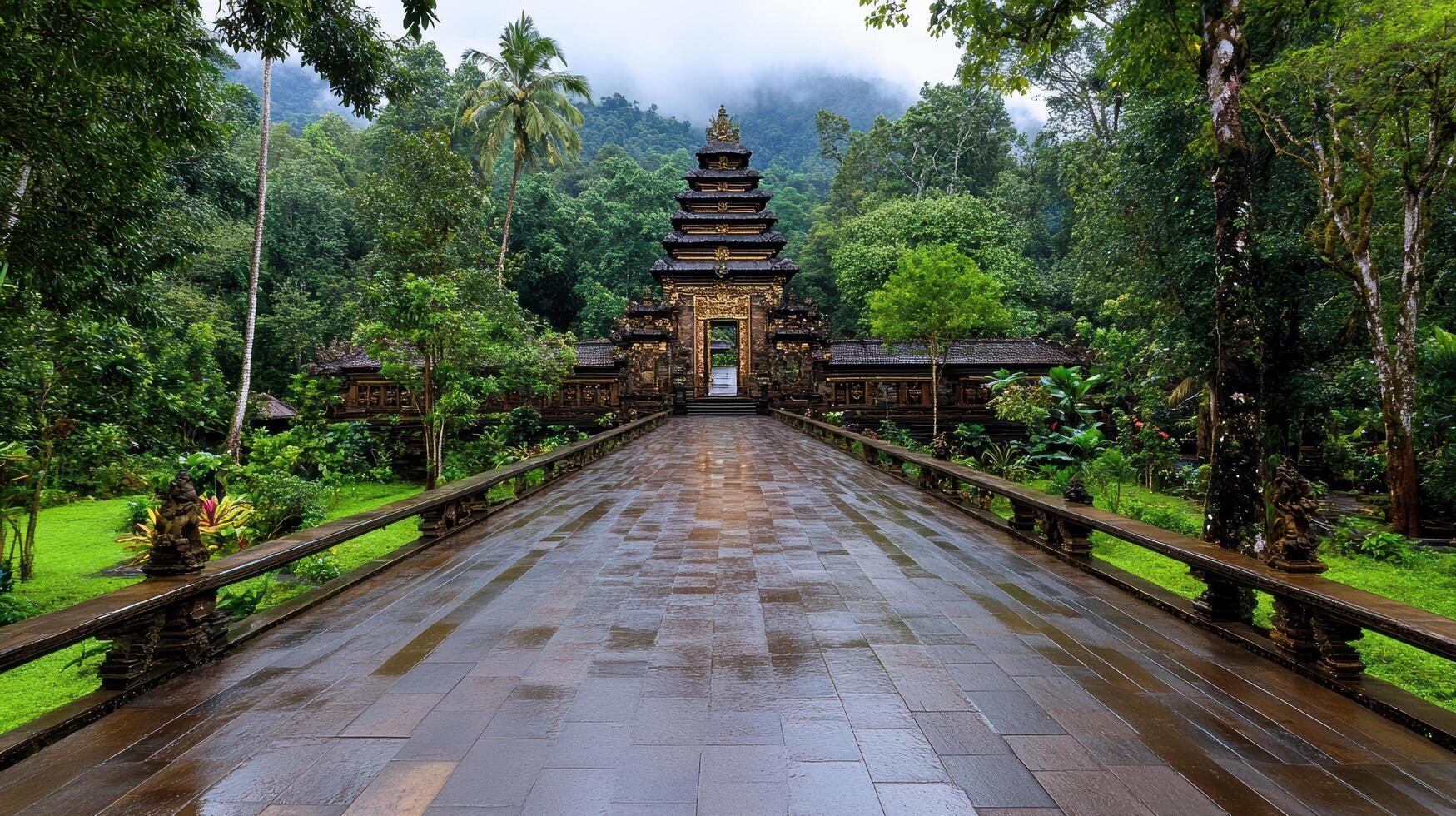 A bridge leads to a temple in the jungle photo