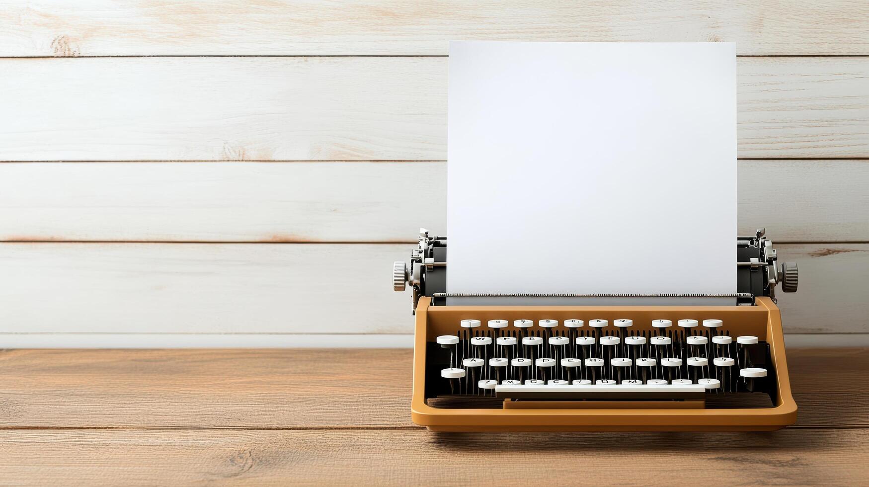An old typewriter with a blank sheet of paper on a wooden table photo