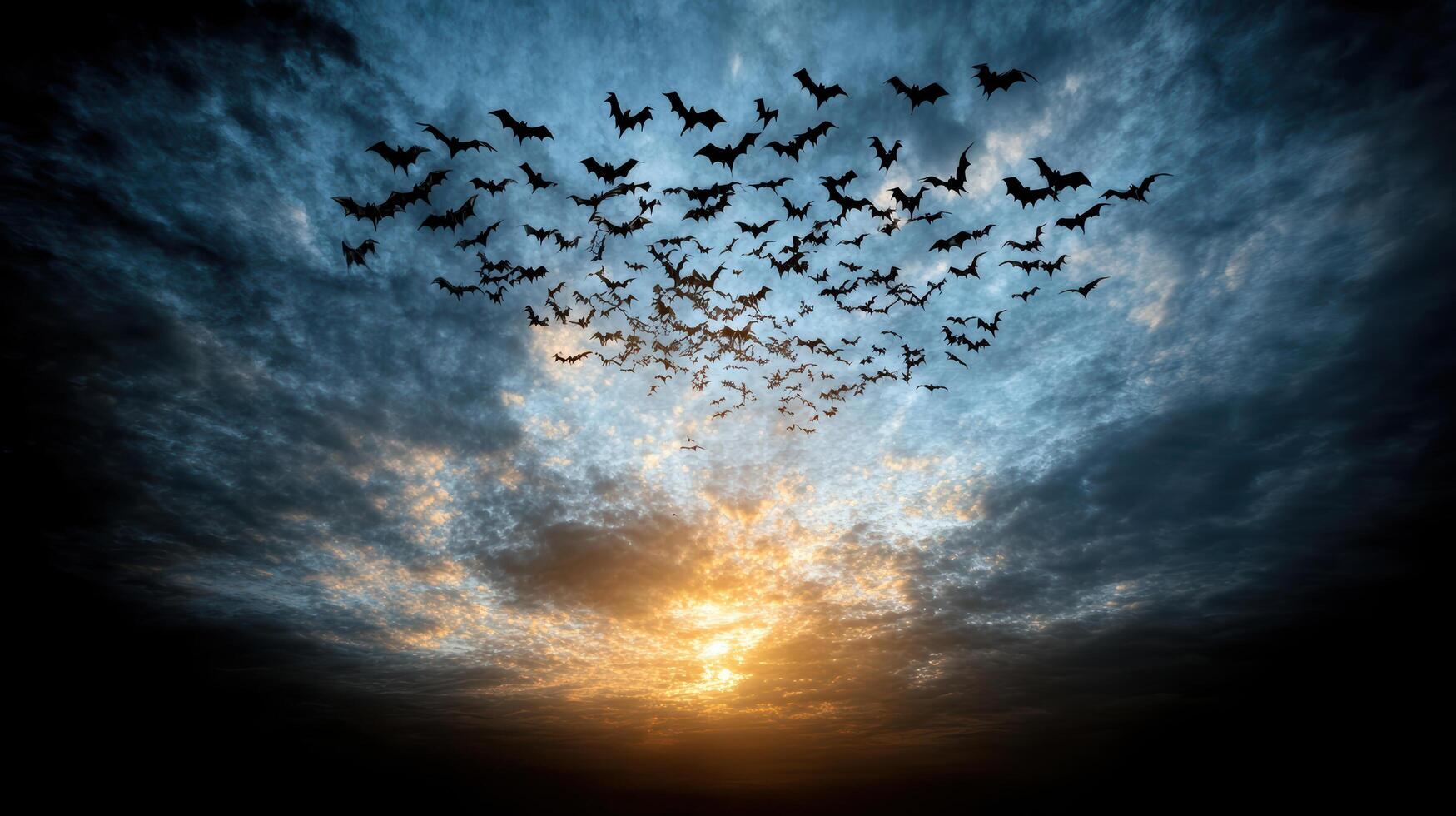 A group of bats flying in the sky at sunset photo