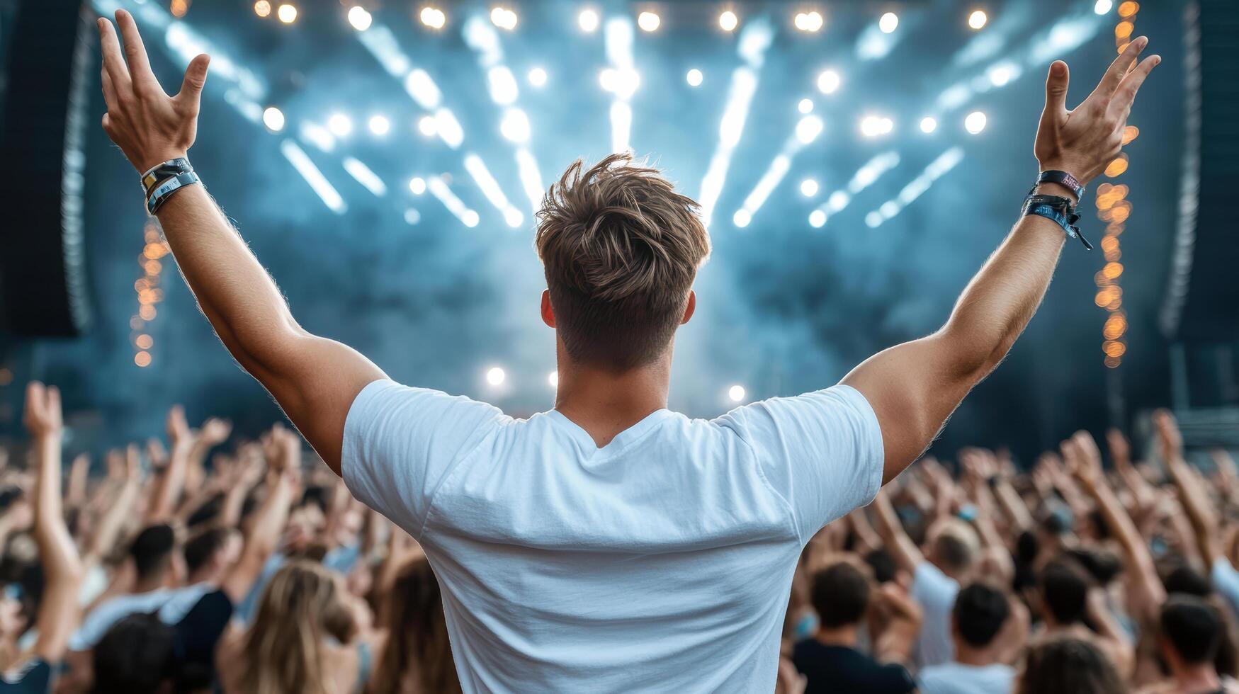 A man with his arms up in front of a crowd at a concert photo