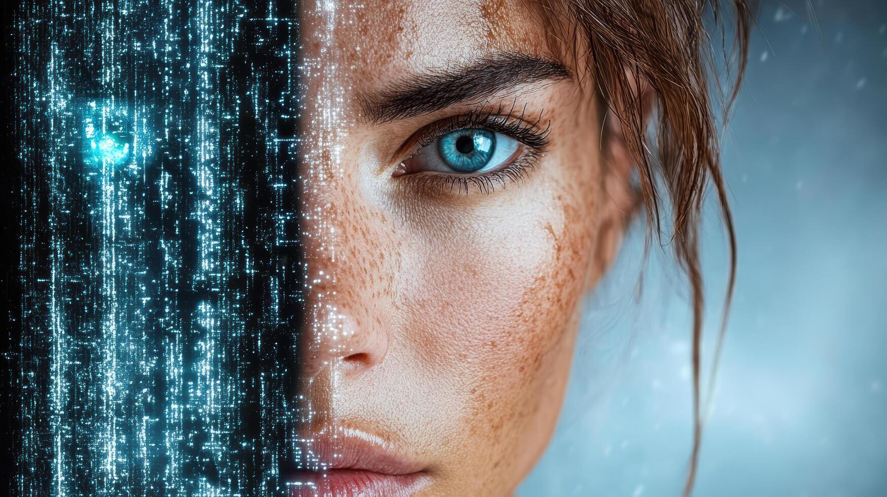 A woman with blue eyes and a binary code photo