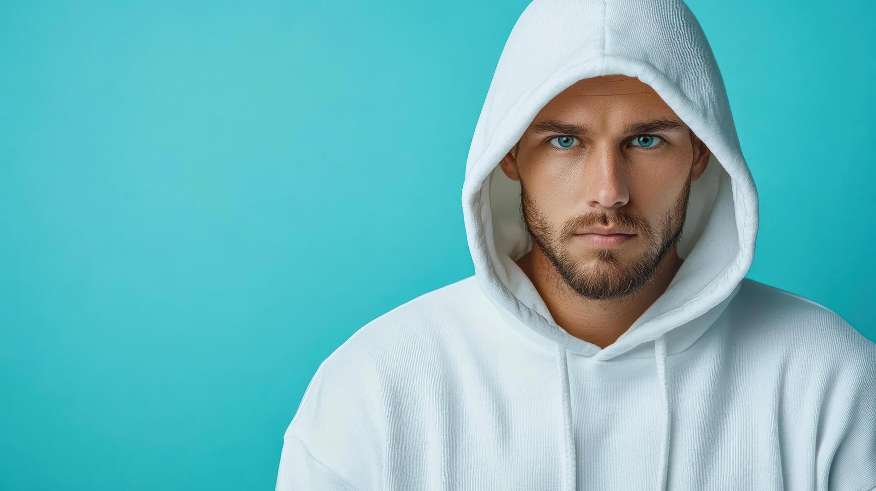 A man in a white hoodie with blue eyes photo
