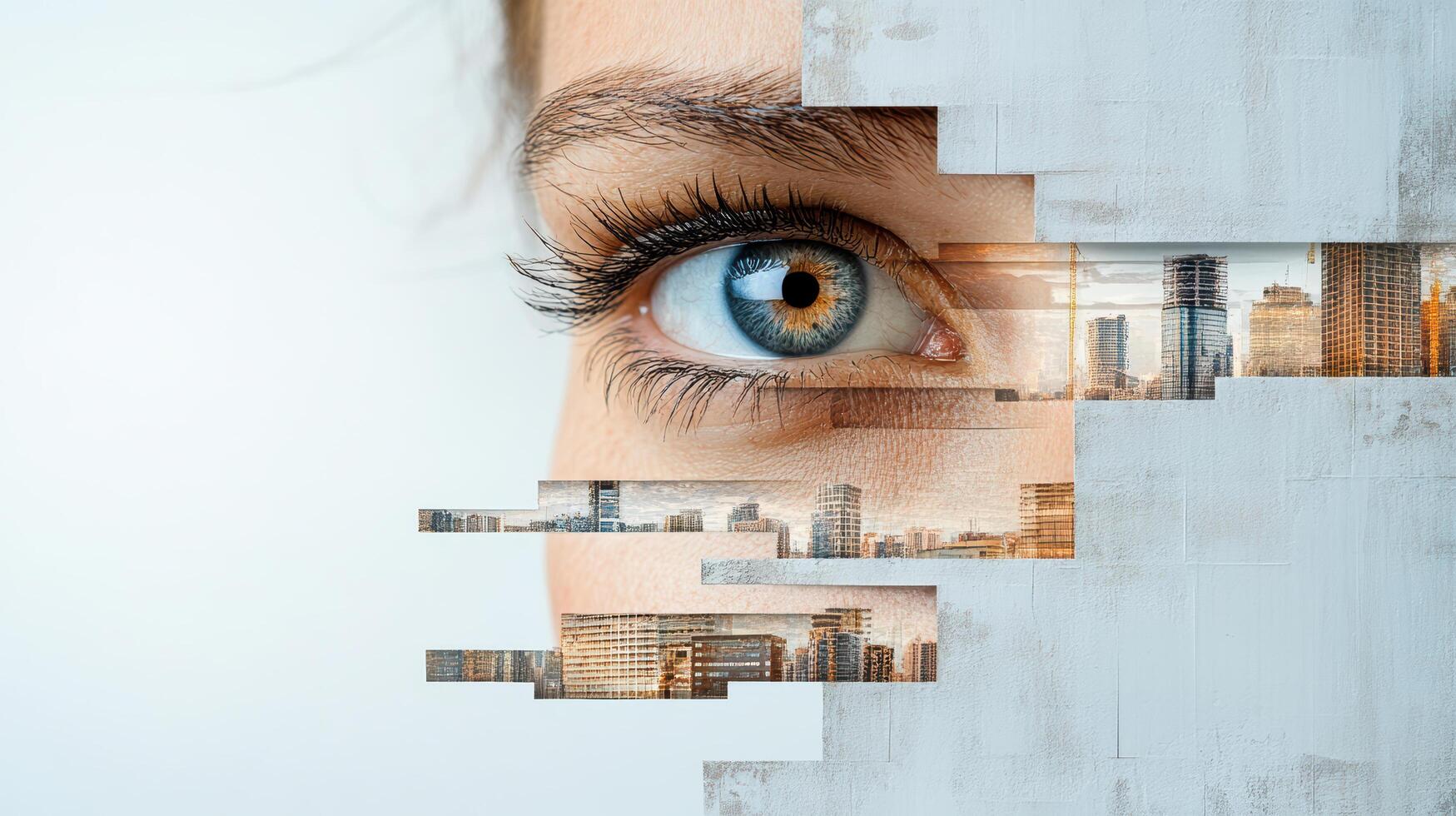 A woman's eye is looking through a piece of paper with a city in the background photo