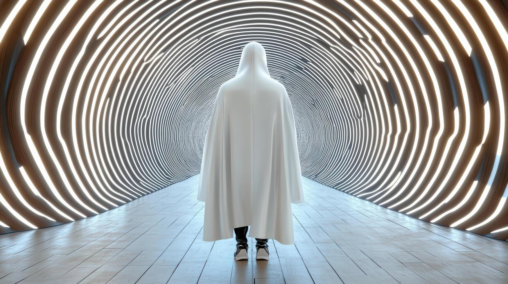 A person in a white cloak standing in a tunnel photo