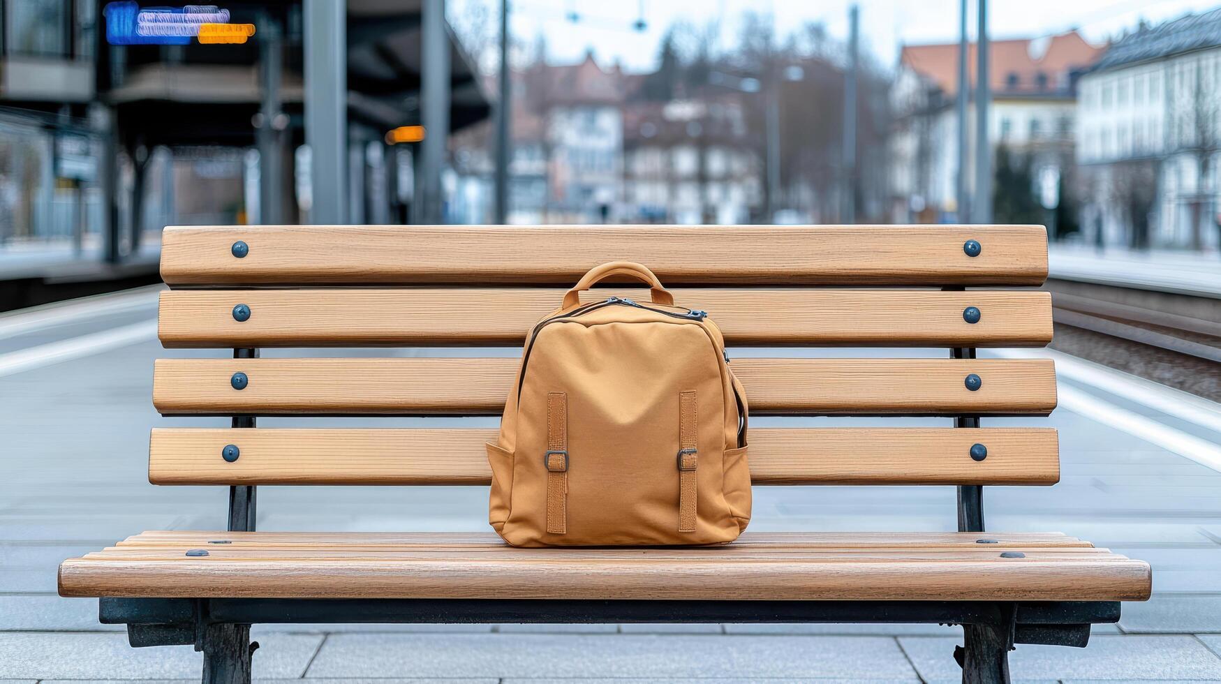 A brown backpack sitting on a bench photo