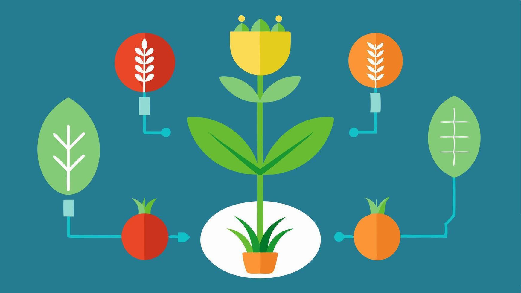 Impact on Biodiversity A visual of several different species of plants surrounding a single uniform genetically modified crop indicating the potential loss of biodiversity.. vector