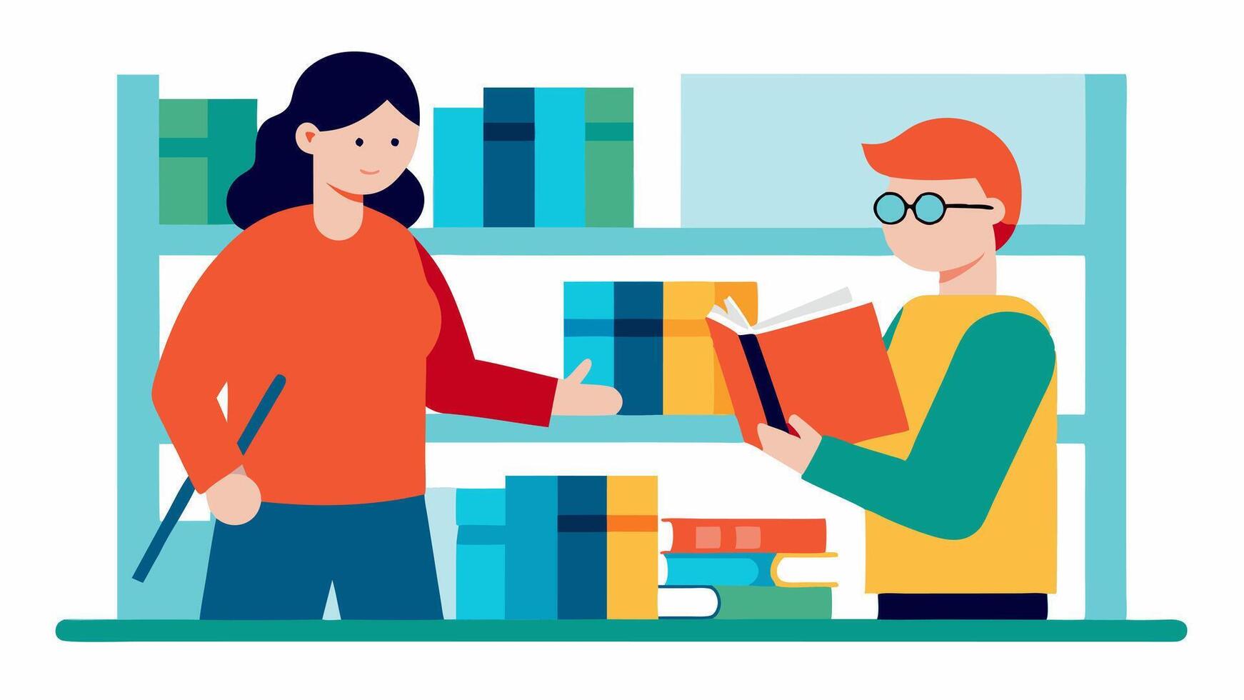 Library Access A library scene where a librarian assists a visually impaired person with tactile books demonstrating the importance of adaptive reading materials and resources.. vector