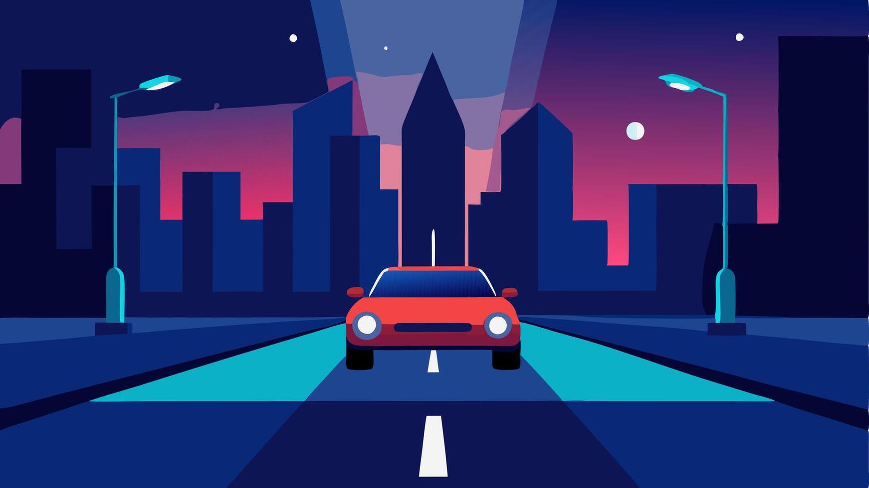 Nighttime City Drive A selfdriving car navigates a brightly lit city street at night glowing street lamps reflecting on its sleek exterior.. vector