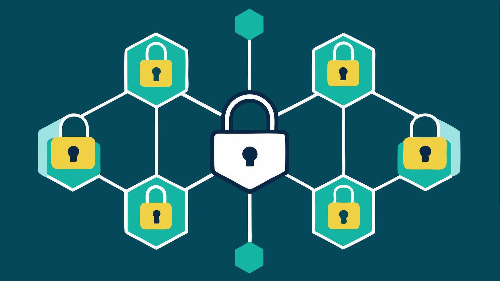 Data Encryption A showing a padlock superimposed over a series of interconnected hexagons each representing blocks of patient data emphasizing encryption and security in. vector