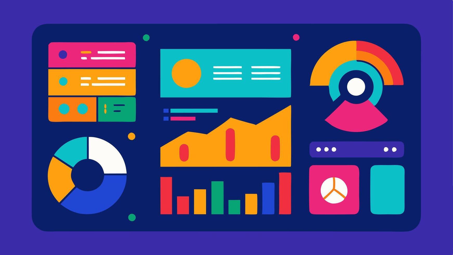 Insightful Dashboard A digital dashboard displaying interactive graphs and charts with vibrant colors and metrics that illustrate key performance indicators derived from massive. vector